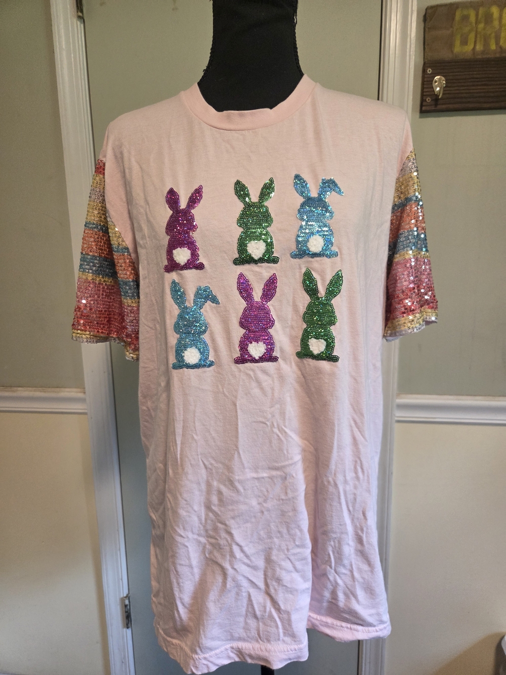 Womens Light Pink Sequin Bunny Short Sleeve Tee - Multicolor Sequin Sleeves